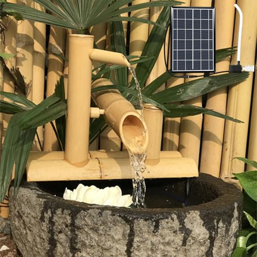 Dexinhdh Fontana Zen Bamboo Accents, Fontana Solare in bambù per Esterni, Dotata di Pompa Sommersa 12V5W, per Giardino E Patio(50cm)