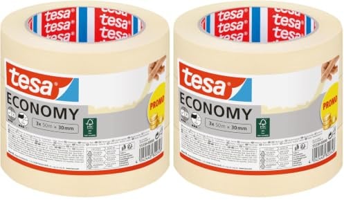 tesa Malerband ECONOMY - Vielseitiges Klebeband für Malerarbeiten ohne Lösungsmittel - Bis zu 4 Tage nach Gebrauch rückstandslos entfernbar, 3x 50 m x 30 mm (Packung mit 2)