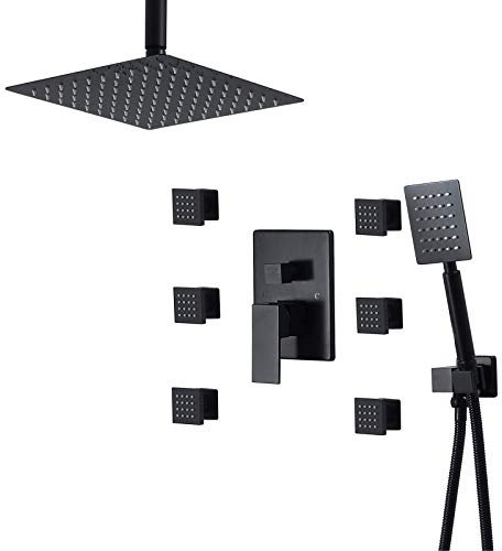 RWDAMPUW Système de Douche à Effet Pluie encastré Black Square avec pommeau de Douche de 10 Pouces, douchette à Main, 6 Jets rotatifs et Flexible de Douche de 1,5 m