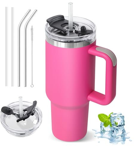 ZAKVOP Taza Termo cafe para Llevar, Taza Termica 1200ml con Tapa y Pajitas, Vaso Termico con Asa, Tumbler para Frío y Caliente, Travel Mug con Tapa Multifunción (Rosa Rojizo)