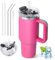 ZAKVOP Mug Isotherme avec Paille, 1200ml Tasse Isotherme avec Poignée et Couvercle, Gobelet Travel Mug Tumbler Cafe avec Couverture Multifonction (Rose vif)