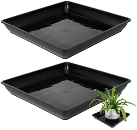 HEMOTON 2 Pcs Plant Saucers 35cm, Heavy Duty Plastic Plant Pot Drip Tray | Elevated Grid for Root Protection, Deep Base Water Catchers for Indoor Outdoor Garden Planters (Fits 30.5cm Base, Black)