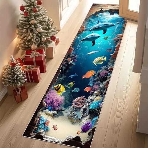 Meugesoi Unterwasserwelt Teppichläufer rutschfest Waschbar 60x180 cm, Meerestiere Fisch Küchenteppich Flurteppich Teppich Läufer für Flur, Eingangsbereich, Küche, Wohnzimmer