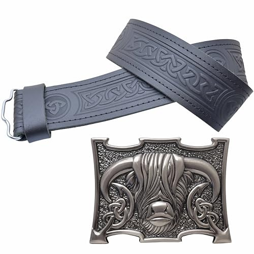 Kilt-Gürtel und Schnalle Set - Schwarzes Leder mit keltischer Dreifaltigkeitsprägung, schottische Heilan Coo Schnalle Zinn handgefertigt - Perfektes Highland-Kleid, Kilt-Gürtel für Herren