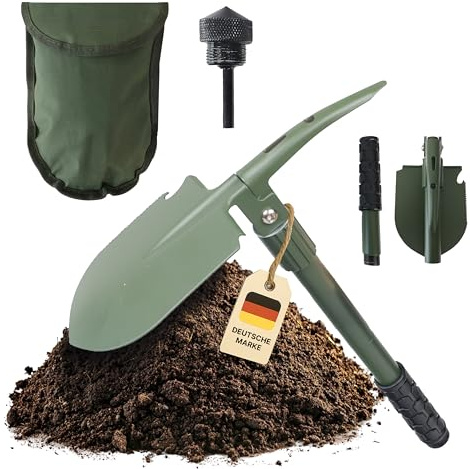 NovaTerra Multifunktionaler Klappspaten (7-in-1) Survival Schaufel aus Gehärtetem Stahl – Kompaktes Camping & Outdoor Werkzeug mit Hacke, Säge, Feuerstein, Flaschenöffner, Glasbrecher