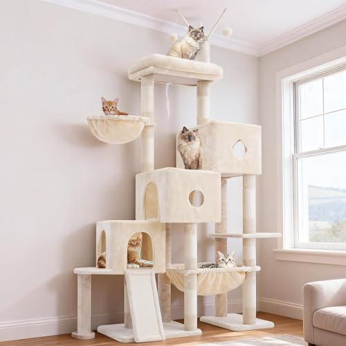 Hey-Brother Kratzbaum Turm, Kratzbäume mit 3 Höhlen, großer Korb, gemütliches Bett, Sisalbrett, Schritt für Schritt Kletterweg und Spielzeug, 190 cm Möbel für große Indoor-Katzen, Beige MPJ081M