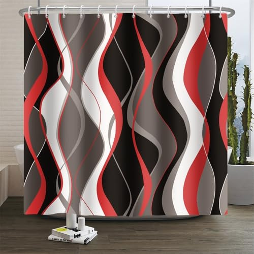 Xiaoterna Rideau de Douche à Rayures Rideau de Salle de Bain à Rayures colorées abstraites et Courbes ondulées Blanc Noir Gris Rouge Lavable Imperméable Tissu résistant à la moisissure 180x200cm