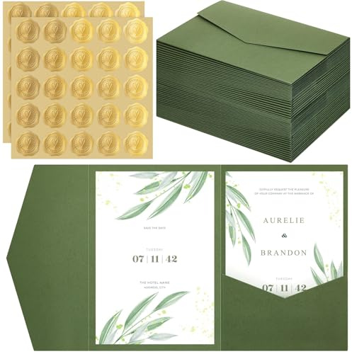 Tenare Sobres de Papel Plegables y Sellos de Cera Autoadhesivos para Sobres DIN A6 Tarjetas de Invitaciones de Boda Tarjeta de Boda de Cumpleaños(Verde,50 Unidades)