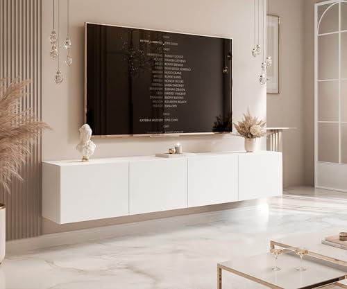 IDOHOME TV Lowboard hängend mit LED und 4 Fächern 200 cm Weiß Matt | 200 x 40 x 36 cm, Laminierte Platte, Mehr Stauraum, Push to Open, TV Zubehör, LED Beleuchtung