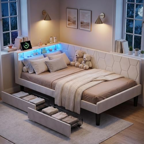 BPKADHY Polsterbett Schlafsofa 90x200 mit LED & USB-C, Jugendbett 90x200 mit Stauraum 2 Schubladen,Einzelbett Tagesbett Bettgestell mit Lattenrost, Samt Beige, Ohne Matratze (Beige-B, 90x200cm)