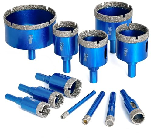 12 Piece Diamond Core Drill Bit Set, 6-50mm Diamond Tile Hole Cutter Set, Hole Saw diamond Drill Bits for Precise Drilling in Porcelain, Ceramic, Granite, Stone and Glass Bottles