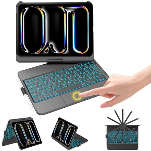 KBCASE Coque Clavier iPad Pro 11 Pouces M5/M4 2025/2024 | Étui Clavier Bluetooth Rotatif à 360° avec Trackpad Multitâche, 7 Couleurs Rétroéclairées, avec Porte-Stylet, AZERTY Français