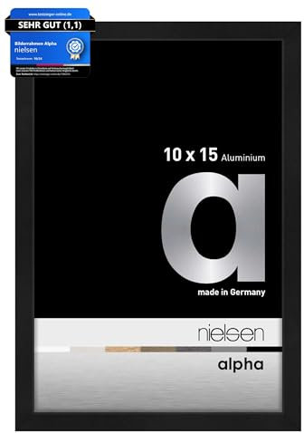 nielsen Bilderrahmen, 10 x 15 cm, Aluminium, Schwarz matt, Fotorahmen zum Auftstellen und Aufhängen im Hoch- & Querformat, Echtglas, Alpha
