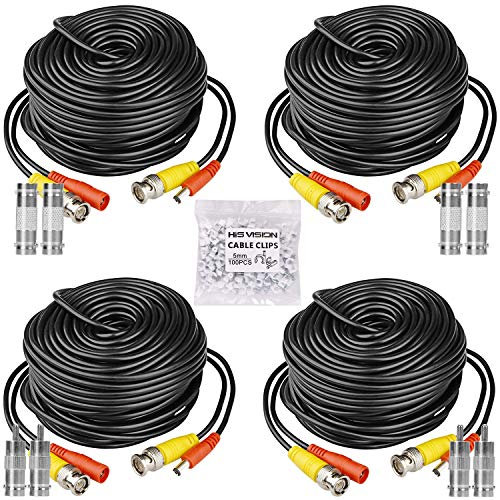 HISVISION 4 Stück 30,5 m BNC-Video-Stromkabel, Überwachungskamera-Kabel-Verlängerungskabel mit 8 BNC-Steckern und 100 Kabelclips für Überwachungssystem