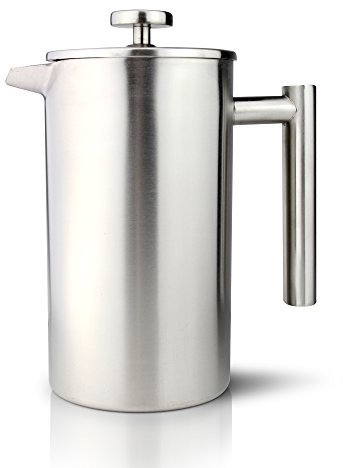 Café Olé Kaffeebereiter aus Edelstahl 1.5 Liter | Doppelwandige Isolierung mit Cool-Touch Griffen | French-Press mit Edelstahlfilter | Matt Gebürstet 1,5 L