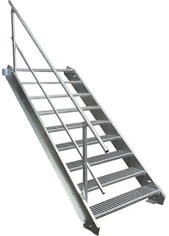 Srm-Design 9 Stufen Stahltreppe, einseitig für unebenes Gelände, Breite 80 cm, Geschosshöhe 135-180 cm, Robust, Außentreppe, Silber