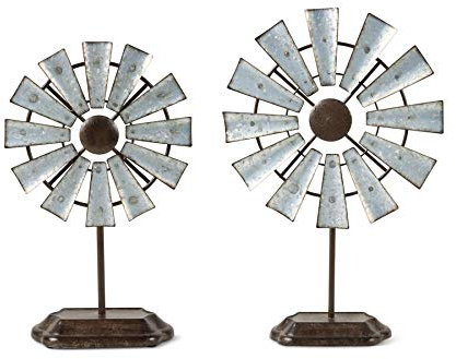 K&K Interiors 14011A Set of 2 Farmhouse Table Top Tin Windmill, (Grad Sizes), Metal