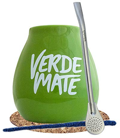 Verde Mate Green Yerba Mate Cup 350ml - Brazilian Verde Mate Mas IQ 50g, Mate Tea Calabash with Bombilla and Cork Coaster