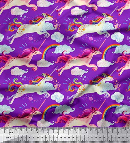 Soimoi Lila Georgette Viskose Stoff Wolken, Regenbogen und Einhorn Kinder Dekor Stoff gedruckt 1 Meter 42 Zoll breit