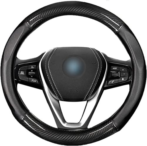 Autsop Lenkradbezug Auto Schwarz Nappa Leder,Kohlefaser Lenkradbezug Universal Größe 14.5-15 Zoll (37-39cm) Lenkradhülle für Sommer & Winter Auto Zubehör Interieur Schwarz(Brilliant Black)