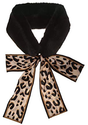 sourcing map Leopard Ribbons Faux Fur Winter Wrap Collar Scarf Warmer For Women Black