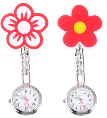 UKCOCO Schwesternuhr mit Clip, Analog-Quarzwerk mit Leuchtzeigern für Nachtschichten, Pflegeuhr aus Metall mit 3D-Blumenmuster, Krankenschwester Taschenuhr für Klinik & Pflegepersonal
