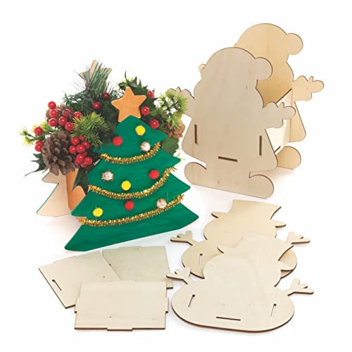 Baker Ross FC149 Christmas Wooden Flowerpot Craft Kits - Pack of 3, Make Your Own Flower Pot, Planting Pots for Children to Decorate, Creative Christmas Activities for Kids