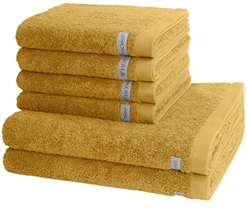 Ross - 6 teiliges Frottier-Set - Sinfonie (4 X Handtuch 2 X Duschtuch im Set) - 500 g/m2 - Baumwolle - Walkfrottee - saugstark - weich und flauschig - Senf