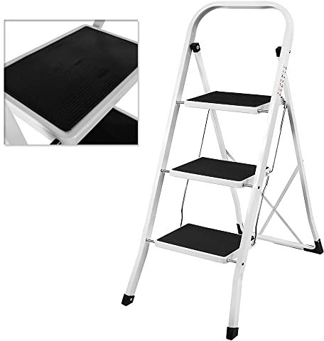 Trittleiter 3 Stufen Klappbar, Stahl-Klapptritt-Leiter, Trittleiter mit Klappsicherung, rutschfeste Gummimatten, Tritthocker klappbar, bis 150 kg Belastbar, für zu Hause/Büro/Küche