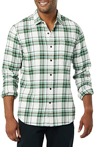 Amazon Essentials Chemise Ajustée en Flanelle à Carreaux avec Boutons et Manches Longues Homme, Vert Blanc Écossais, L