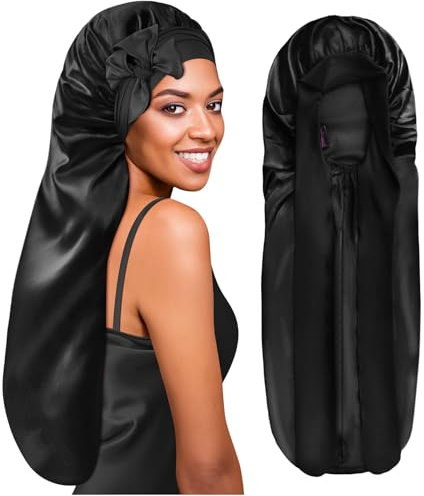 BONNET QUEEN Lange Satin Zopfhaube, Seidenhaube zum Schlafen Lange Haare mit Verstellbare Bindeband, Schlafhaube Seide für Locken & Zöpfe, Schlafmütze Damen, Schwarz