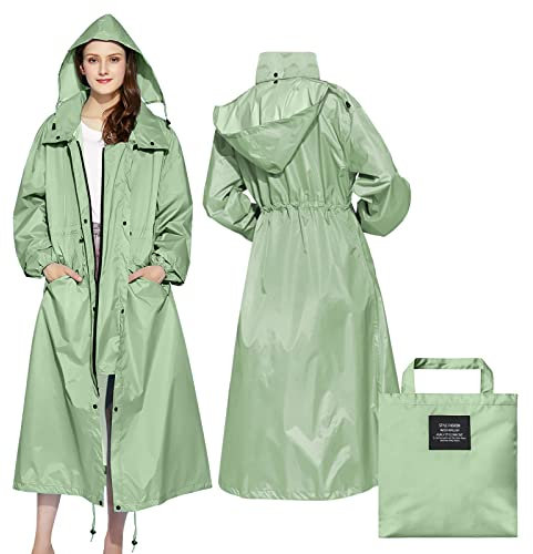 SOPPY Manteau de pluie pour femme, long manteau imperméable, coupe-vent, poncho léger à séchage rapide, veste de pluie à capuche pour femme, taille unique, Vert, XXL