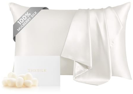 THXSILK Kissenbezug aus 100% Reiner Maulbeerseide für Haar und Haut, höchste 6A-Seiden-Kissenbezug, Standardgröße, Kissenbezug aus echter Seide mit Reißverschluss, Anti-Aging, Akne-frei (Weiß,
