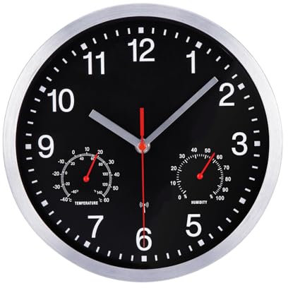 VINILITE Radio-Controlled Wall Clock with Thermometer and Hygrometer Silent Stainless Steel Frame Wall Clocks Battery Operated for Kitchen, Living Room, Bedroom, Office, 25 x 25 cm
