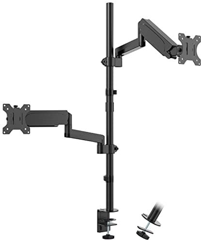 WORLDLIFT mechanical spring Dual Monitor Stand- Vertical Stack Monitor Desk Mount for Two Screens Up to 32 Inch Height Adjustable Screen Supports with Swivel, Tilt, Rotation
