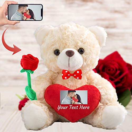Personalised Teddy Bear with Photo and Custom Text on Heart, Stuffed Animals Valentine Teddy Bear with Rose & Bow as Im sorry gifts for Her/ Him on Valentine/ Anniversary/ Birthday (8-IN--Red Heart)