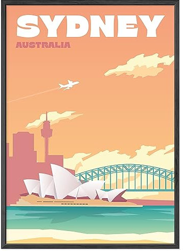 JUNOMI® Sydney Poster DIN A2 | Wohnzimmer Deko, Modernes Wandbild, Australien Bild, Reiseposter, Sydney Wandbild | Mit Rahmen Schwarz