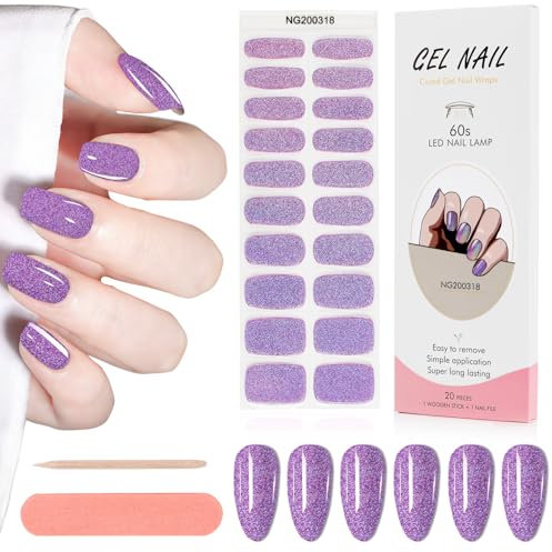 Kalolary 20PCS Gel Nagellack Aufkleber, Nagelsticker Full Wraps Nagelaufkleber UV/LED Lampe Erforderlich Cured Gel Nail Strips mit Nagelfeile und Stick für Frauen Mädchen (Glitzer Lila)