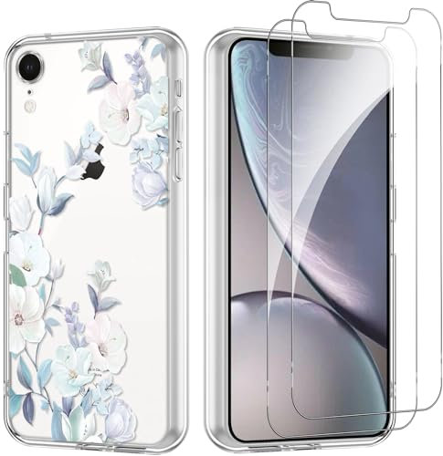 Yoedge Handyhülle für iPhone XR 6.1'' Hülle mit 2 Stück Schutzfolie Schutzglas, Aesthetic Design Mädchen Muster Klare Schutzhülle, Dünne Silikon Transparent Hülle für iPhone XR, Blumen