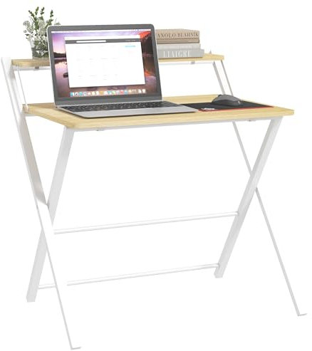 HOMCOM Mesa de Escritorio Plegable Mesa de Estudio con Estante Superior Estilo Moderno para Sala Oficina Dormitorio 81,5x70x84 cm Natural y Blanco