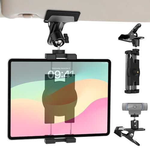 Dosvsi Tablet Halterung Auto Sonnenblende, Metall Fahrzeug KFZ Sonnenblende HandyHalter, Sun Visor Clip für iPad Pro 12.9 Air Mini, Galaxy Tab, iPhone, 4-13 Tablets & Handys, 1/4 Schraube für Kamera