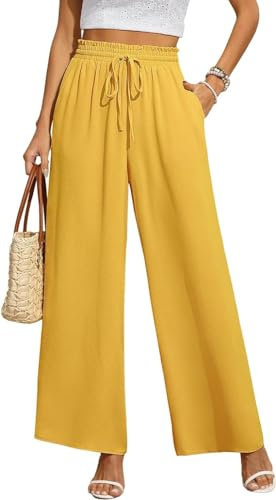 BEIGAI Damen Hosen Weite Lose Gerade Geschnitten Palazzo Hose Hohe Taille Dehnbar Lounge Elegante Hose mit Taschen,Hellgelb,L