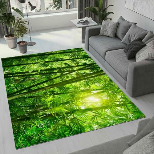 ROUSKI Bambus Teppich Wohnzimmer Schlafzimmer 3D Muster Design Grüner Wald Teppiche rutschfest Waschbarer Kurzflor Teppich Grösse 120x180 cm Flauschig Weich Soft Home Outdoor Carpet Matte