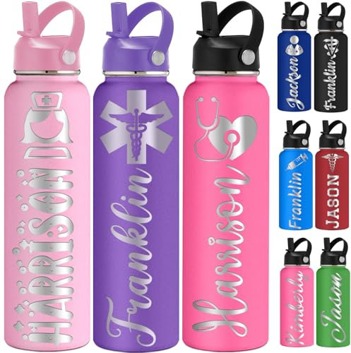 FwSYouMAI Custom Nurse Water Bottle with Straw 12/18/24/32oz Personalised Insulated Water Bottles Engraved Name Customised Stainless Steel Bottle