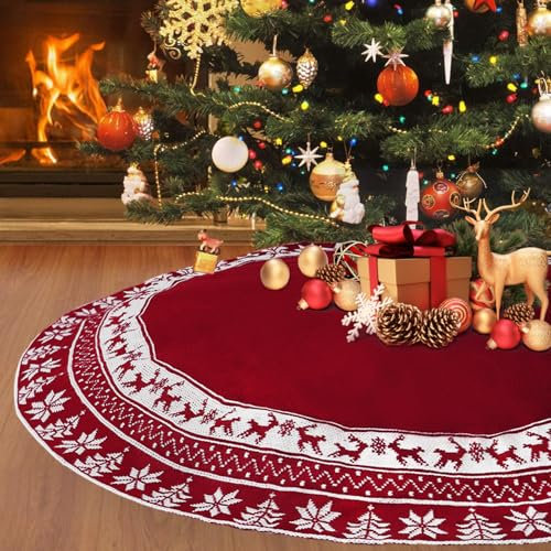 Weldomcor Gonna Albero di Natale Lavorata 90 cm Rustica Grande Tappeto Albero di Natale Gonna Base Tappetino Copertura per Albero di Natale Ornamenti Natalizi Decorazione della casa, Rosso