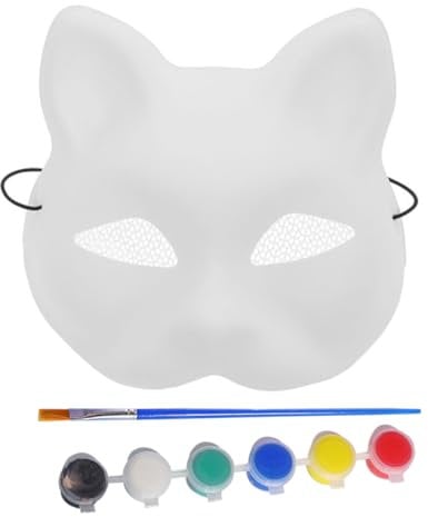 TOPBATHY Bemalbare Katzengesichtsmaske Maske mit Netzaugen Weiße Blankomaske für Halloween Maskerade Maske Komplettset