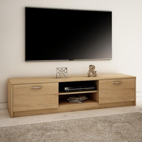 Home Collective TV-Schrank 160cm breit Lowboard Fernsehtisch mit 2 Türen und 2 Regalen, aus laminiertem Board, abgerundete Kante und Metall-Rollschienen Fernsehkommode Sonoma