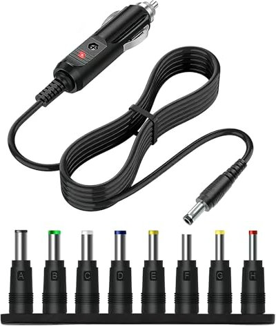 12V 5A Cargador de Coche Universal con 8 Conectores, Adaptador Alimentación DC 5.5 x 2.1mm, Cargador Coche Cable de Alimentación con Cable de 1.5m para GPS Cámaras Altavoces Bluetooth, DVD Portátil