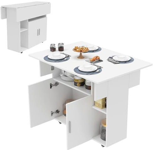 Utlenianie Mesa Comedor Plegable, Mesa Plegable de Comedor con Ruedas, Gabinete y 2 Estantes, para 2-6 Personas, Madera Blanca (100X70X78 cm)