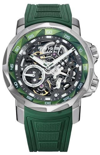 FEICE Herren Automatikuhr Skelett Saphirglas mit Grünem Gummiarmband Edelstahlgehäuse 46 mm FM511